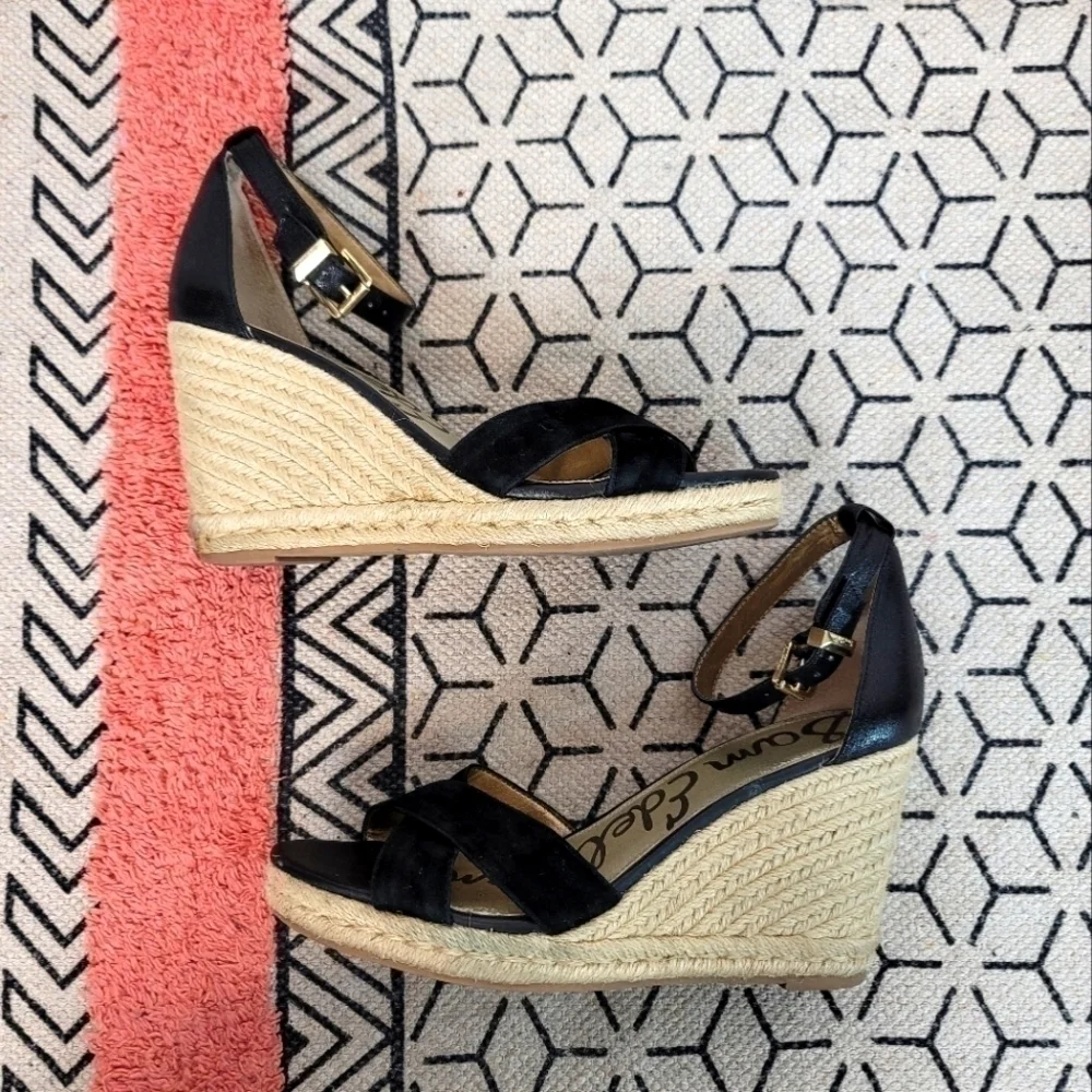 SAM EDELMAN BRENDA BLACK SUEDE ESPADRILLE WEDGES, SZ 10
